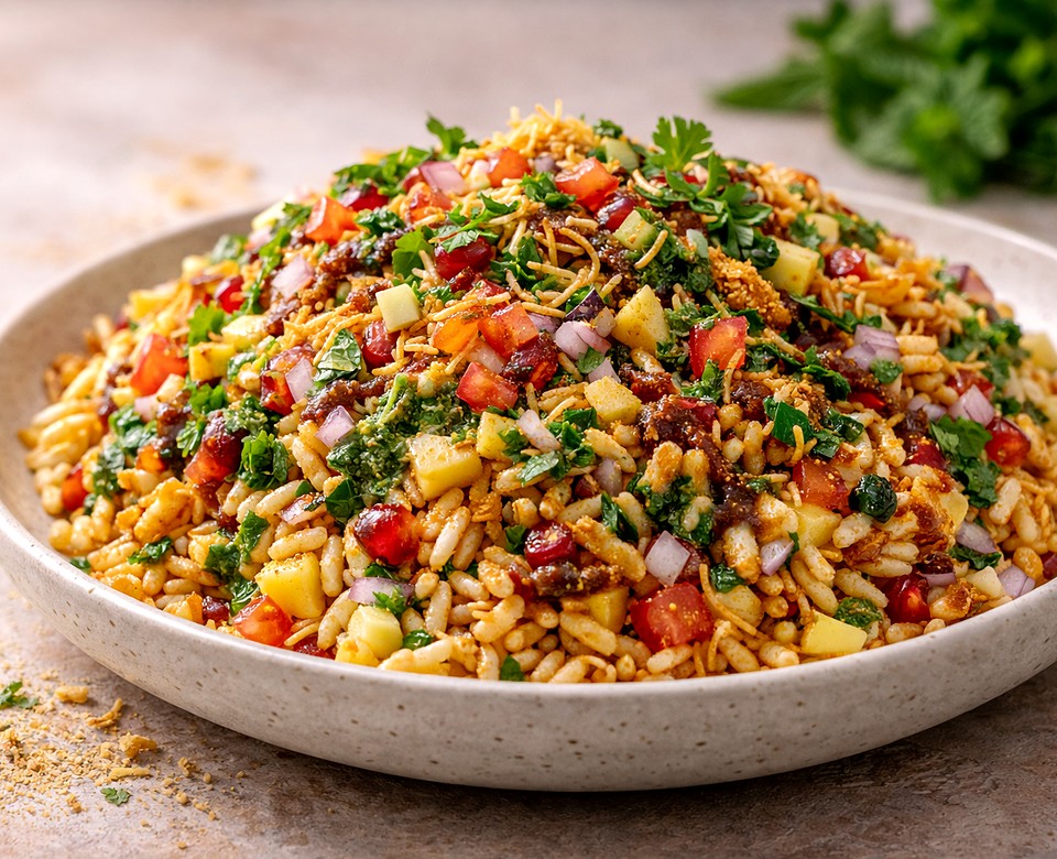 Bhel puri piled in a bowl with fresh herbs, chutneys, and crunchy toppings