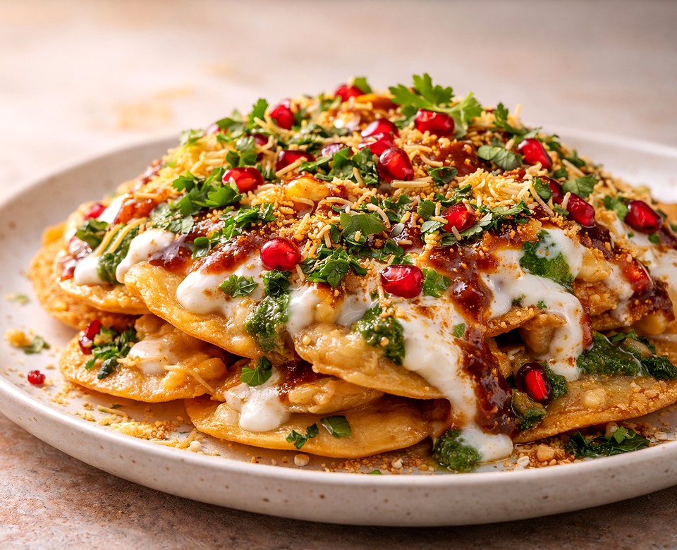 Papdi chaat with yogurt, chutneys, sev, and pomegranate garnish