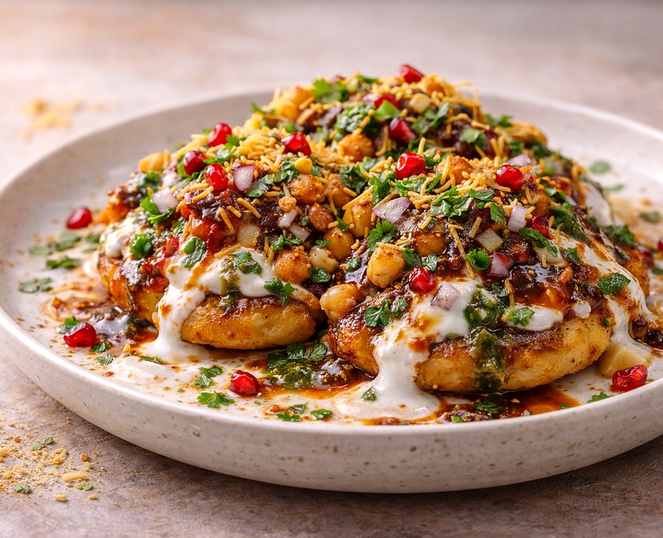 Aloo tikki chaat topped with yogurt, chutneys, sev, and chickpeas